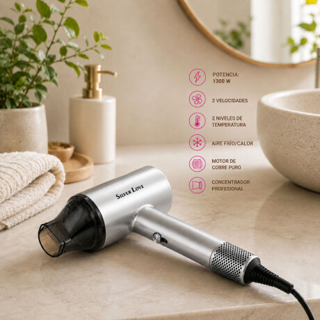 Secador Pelo Silver Love 1300W Bajo Consumo Aire Frío/Calor Plateado