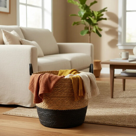 Cesto Canasto de Fibra Natural c/Asa Paramount Deco Ø28x22Cm Negro