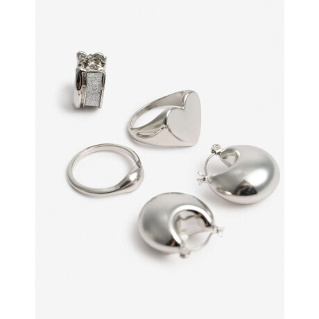 Set De Aros Y Anillos Plateado Rodio