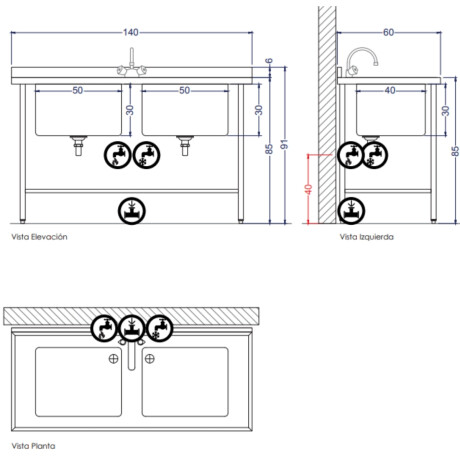 Mesada de Lavado de 2 Piletas de Acero Inoxidable 140 x 60 cm Mesada de Lavado de 2 Piletas de Acero Inoxidable 140 x 60 cm