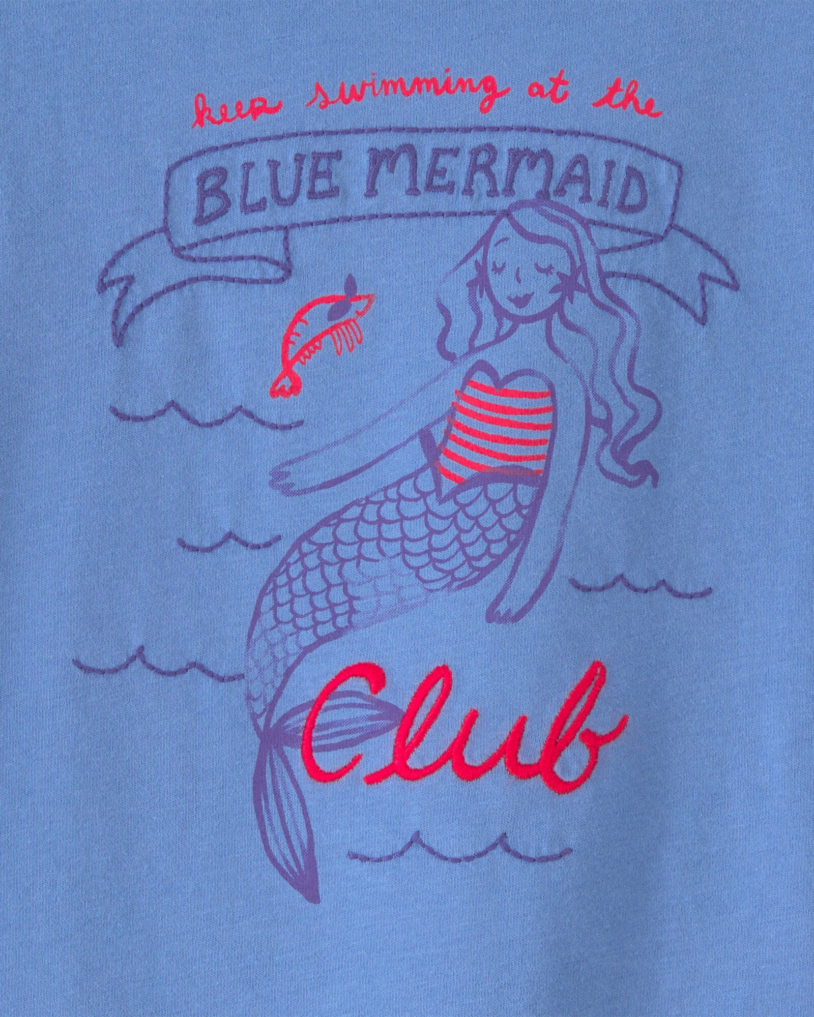 Remera de algodón, manga corta, azul, estampa sirena Sin color