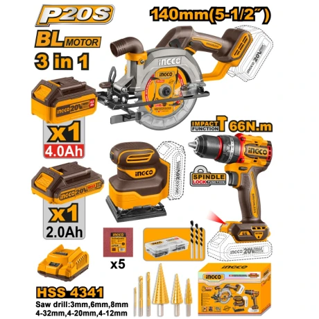 KIT IGNCO SIERRA CIRCULAR, TALADRO, LIJADORA Y ACCESORIOS AMARILLO-NEGRO