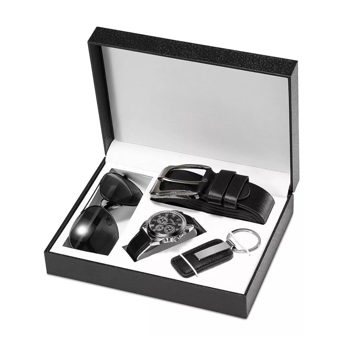 Pack Llavero Lentes de Sol Reloj y Cinturón E-059 - NEGRO 