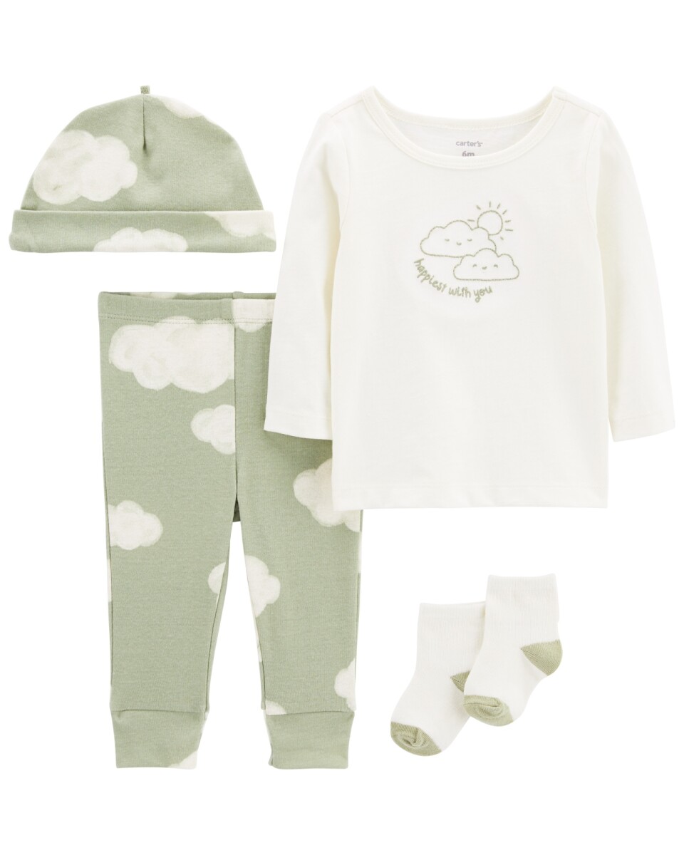 Set cuatro piezas de algodón, pantalón, remera, gorro y medias, diseño nube 