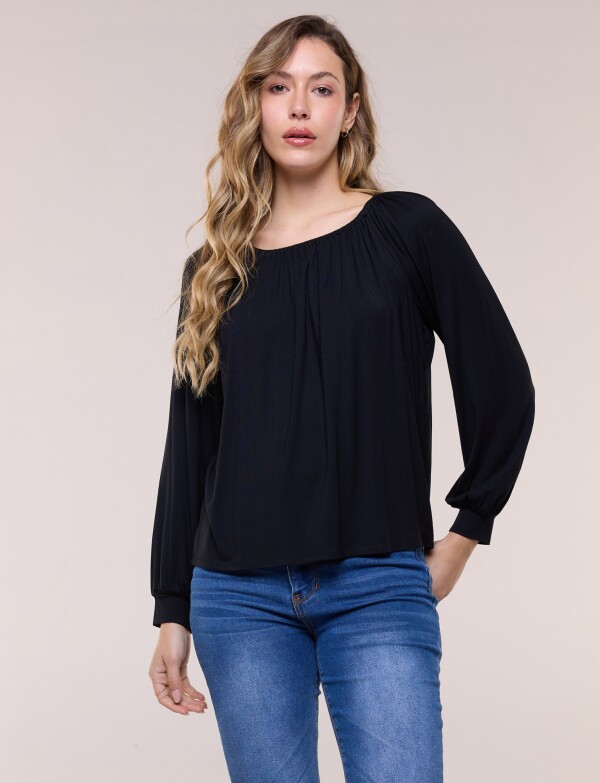 Blusa Modal Escote Fruncido Y Mangas Largas NEGRO