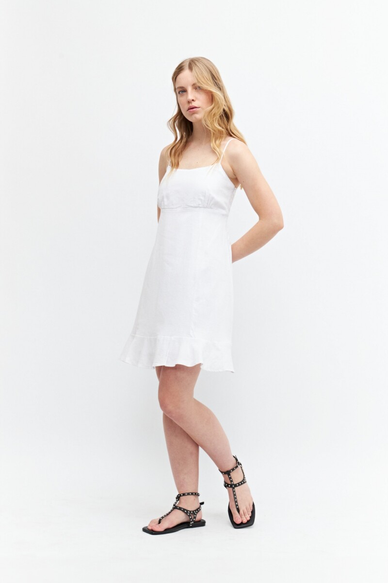 Vestido corto de lino con volado blanco