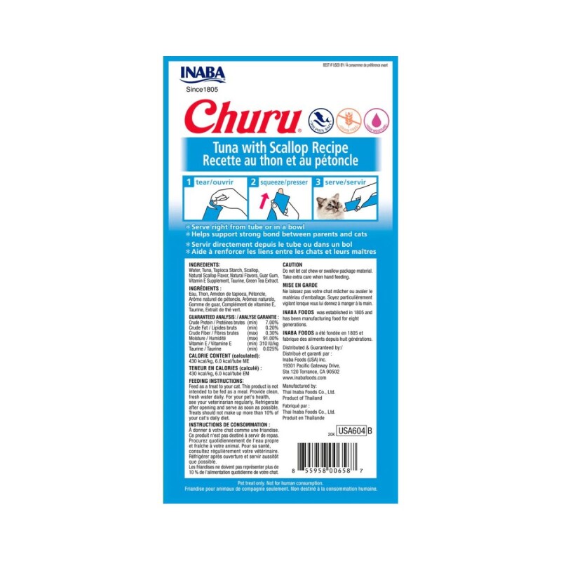 CHURU SNACK HUMEDO ATUN CON VIEIRA PACK X 4 TUBOS