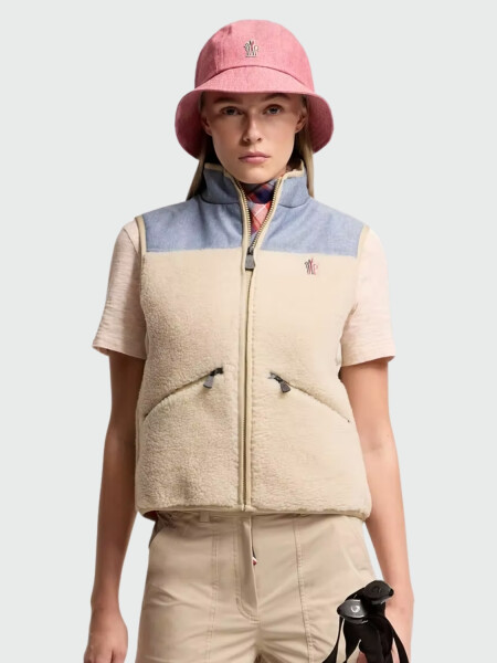 MONCLER - Chaleco de Peluche y Cambray Beige Claro