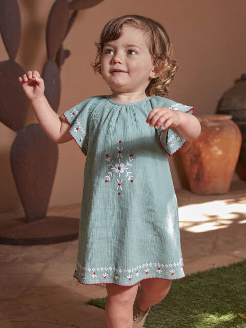 Vestido Bordados A Contraste Verde Nuevo