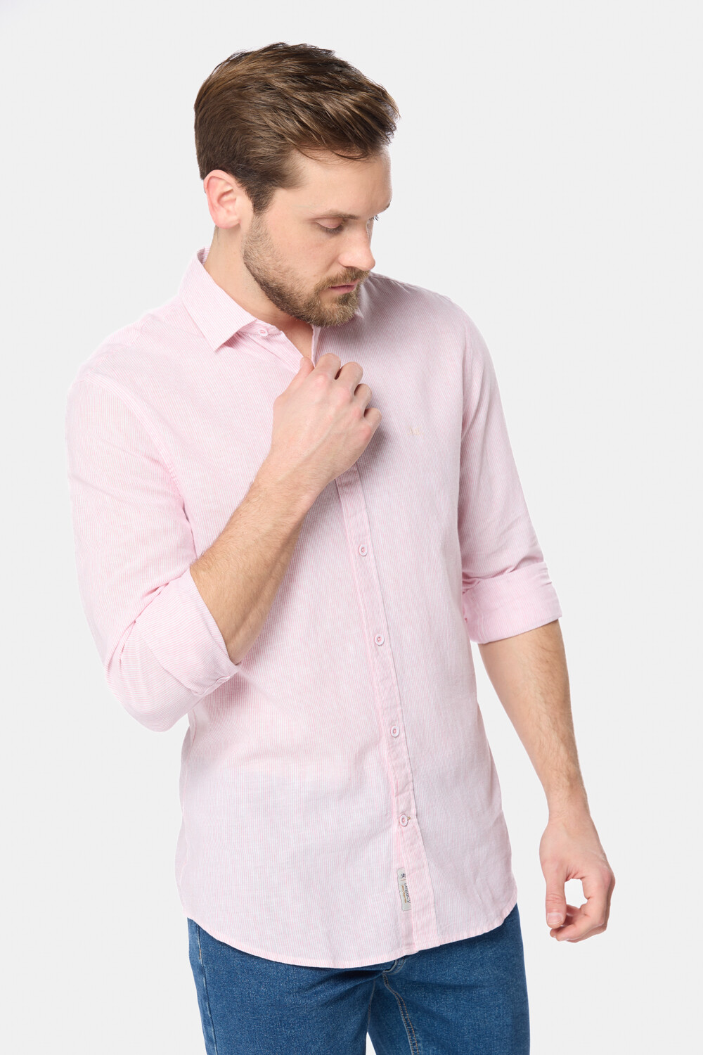 CAMISA DE LINO RAYADA Rosa