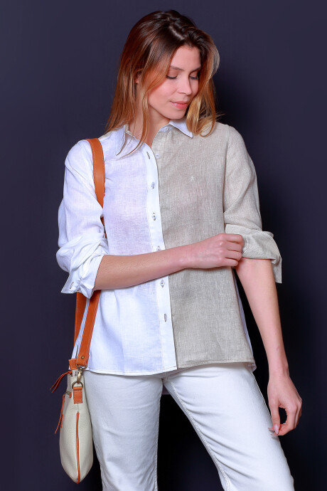 Camisa Suspiro en Lino Combinada Beige Claro con Blanco