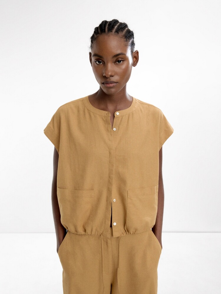Camisa Manga Corta De Lino camel