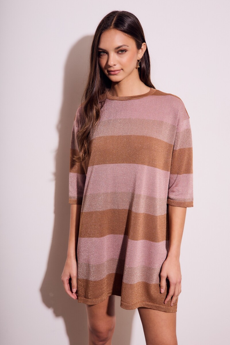 Vestido Tejido Rayado Lurex Rosa