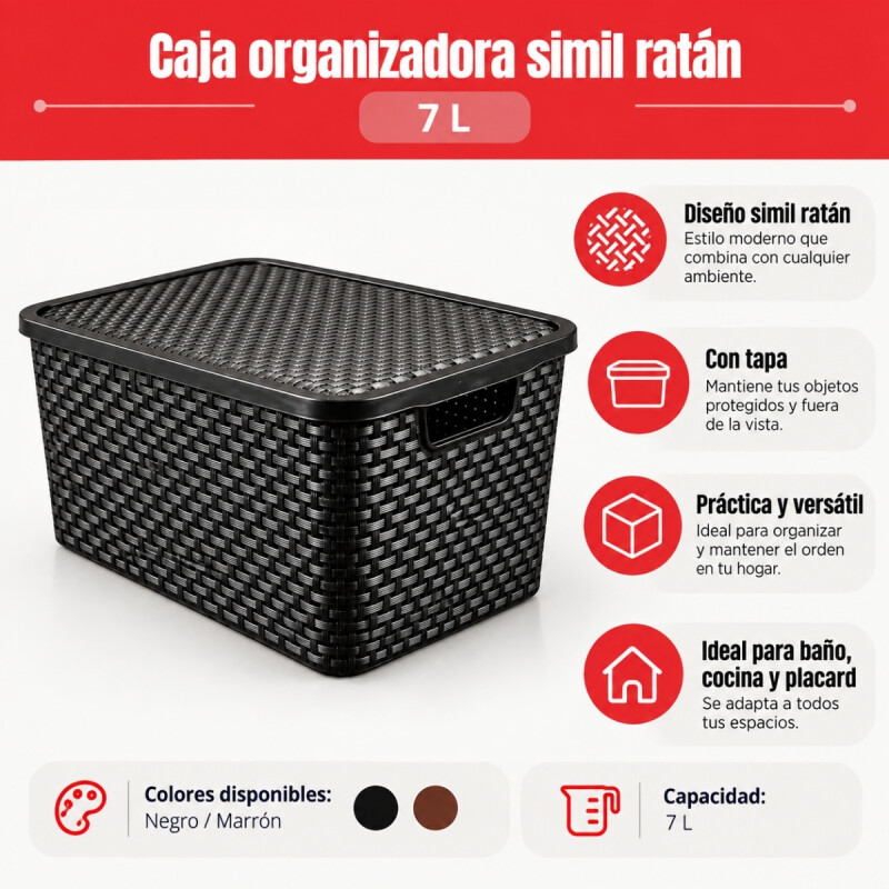 Set x3 caja simil ratán 7 lts NEGRO