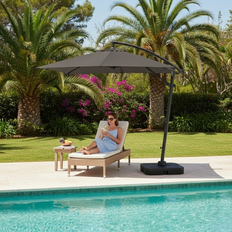 SOMBRILLA GRIS C/LUZ SOLAR P/JARDIN DOBLE BASE 3M Unica