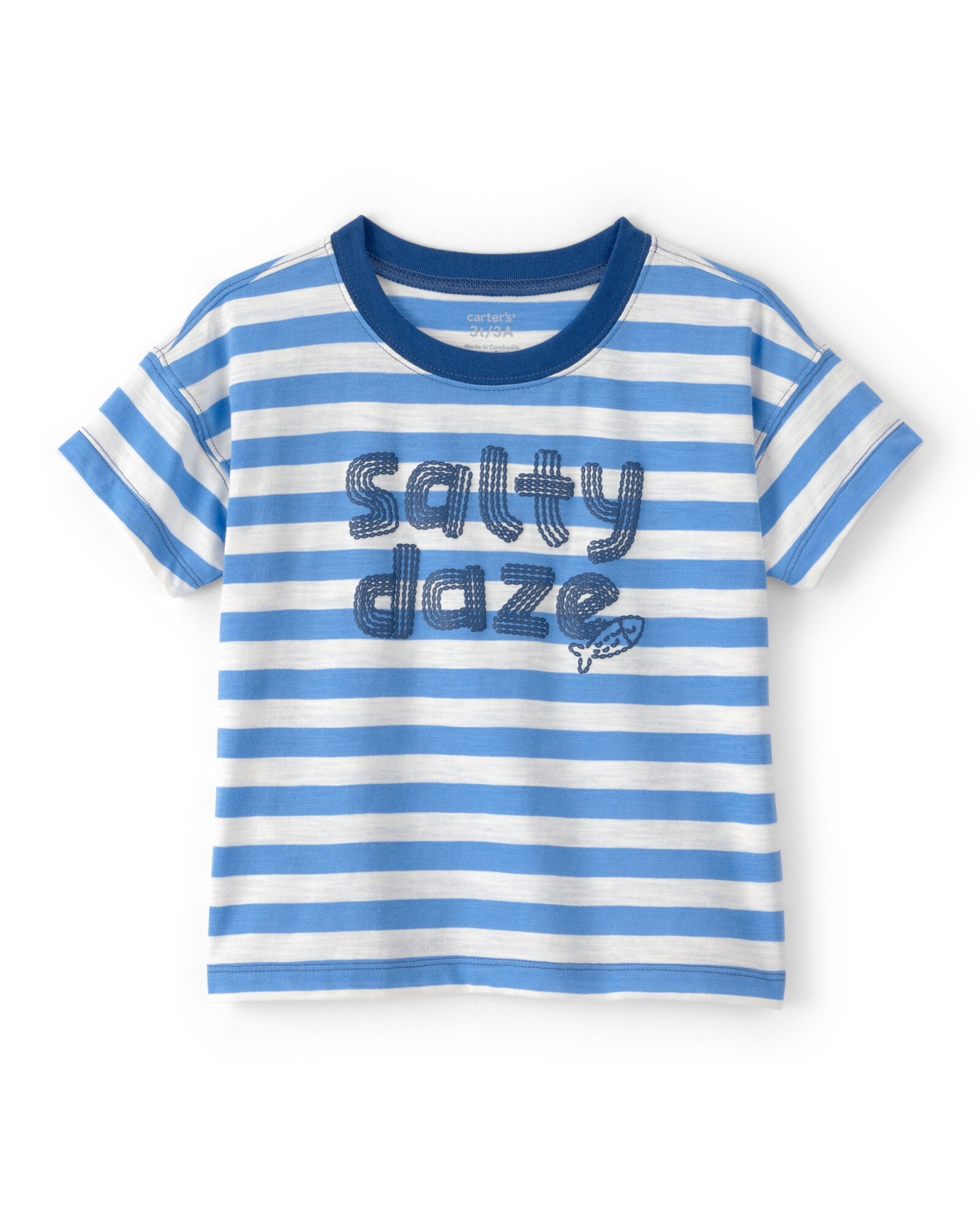 Remera de algodón, manga corta, azul y blanca, diseño a rayas Sin color