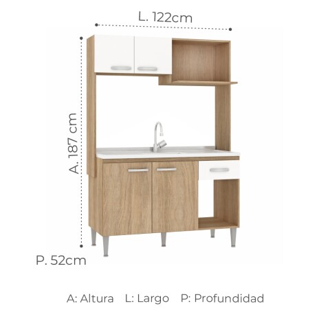 Kit de cocina compacta 4 puertas 1 cajón Patas Ajustables y Rieles Metálicos 122 x 52 x 187cm Carvale / Blanco