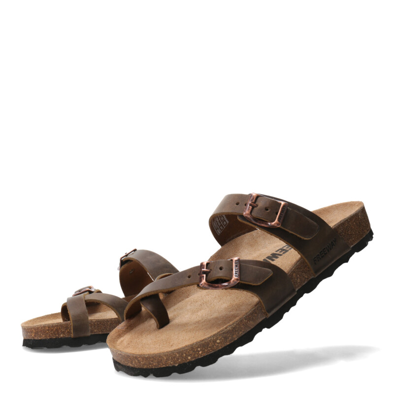 Sandalias de Mujer Freeway Casual 2 Hebillas Marrón Habana (Cuero Graso)