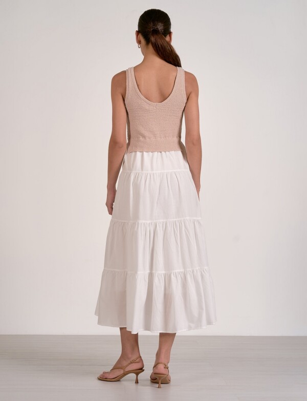 Vestido Midi Combinado Tejido Y Falda Escalonada BEIGE