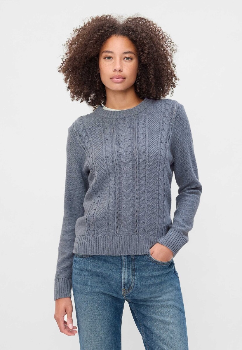 Buzo Cuello Redondo Cable Mujer - Light Blue Heather 