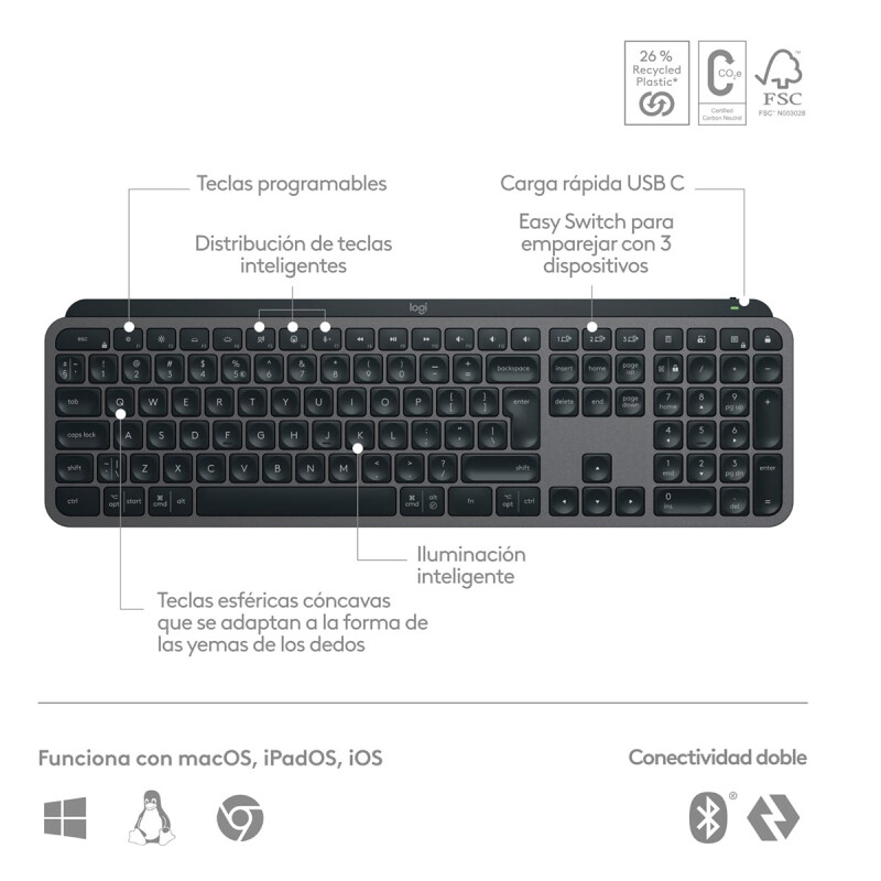 Teclado Inalambrico Logitech 920-011561 Mx Keys S Grafito Teclado Inalambrico Logitech 920-011561 Mx Keys S Grafito