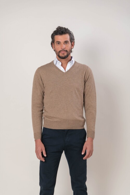 Sweater escote V lana Lambswool Beige