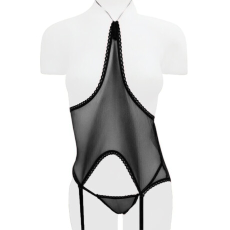 Corset De Tul Sin Tazas Con Portaligas Y Tanga Negro