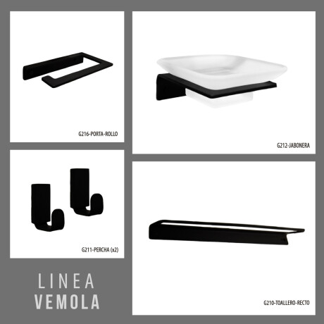 SET DE ACCESORIOS NEGRO MATE AQUALIA. INCLUYE 2 PERCHAS, JABONERA, PORTAROLLO Y TOALLERO RECTO. GAMAS DE NEGRO