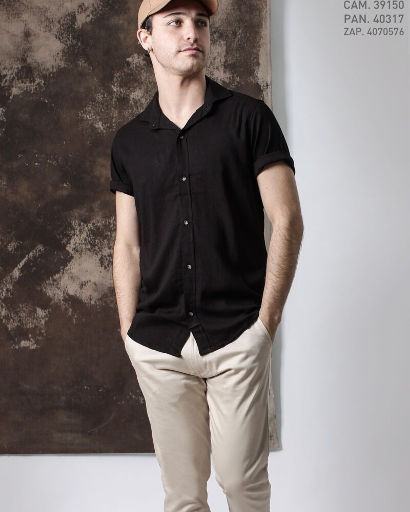 Camisa Lino Manga Corta Negro