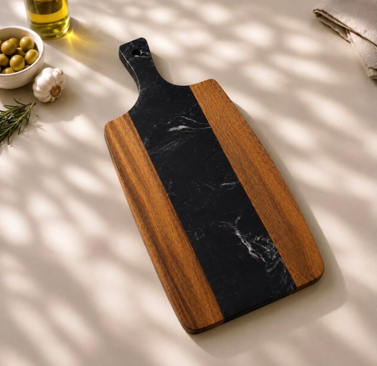 Tabla Rectangular de Acacia con Acabado Mármol / 38x19x2cm 