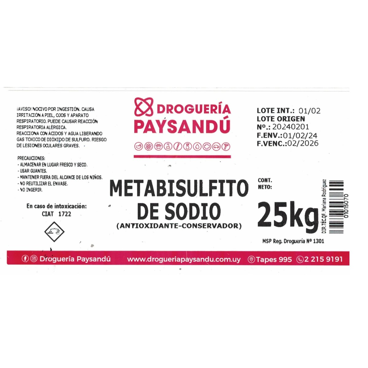 Metabisulfito de Sodio - 25 kg 