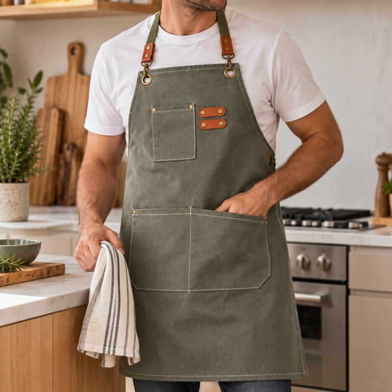 Delantal de Cocina en Tela Canvas con Bolsillos y Detalles en Eco Cuero Verde Oliva