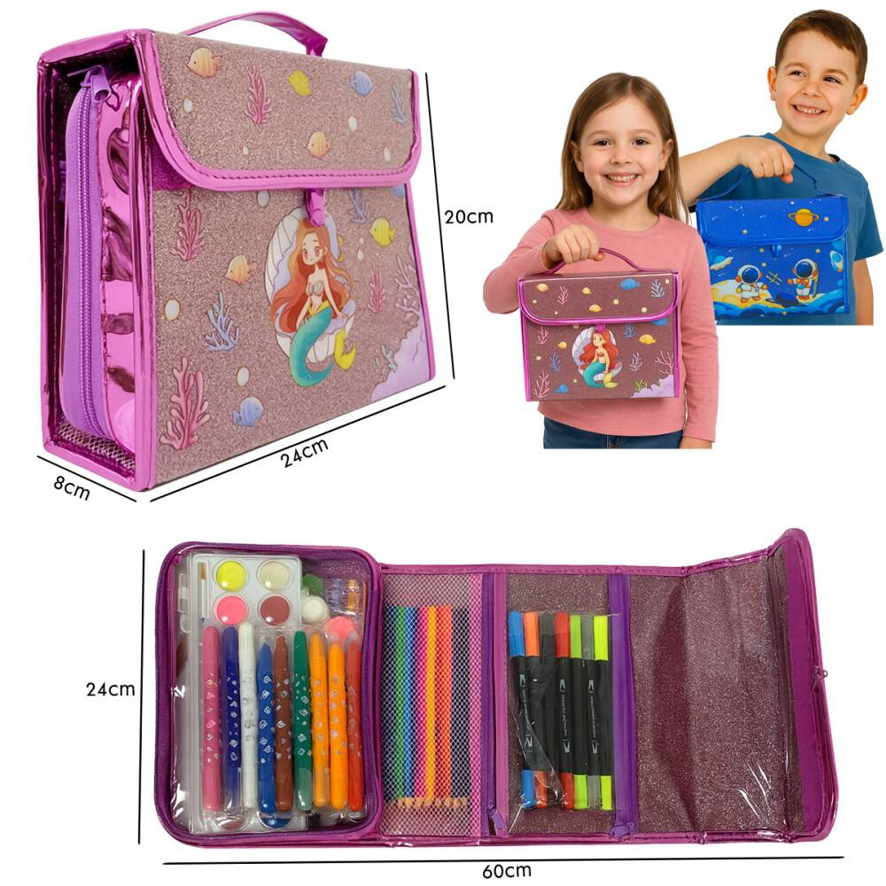 Cartuchera Escolar Triple Brillosa Con Accesorios Colores Azul