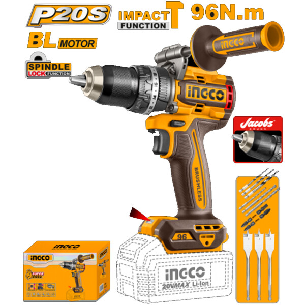 TALADRO ATORN. C/PERCUTOR A BATERIA 20V 96NM + ACCESORIOS S/CARG S/BAT INGCO C TALADRO ATORN. C/PERCUTOR A BATERIA 20V 96NM + ACCESORIOS S/CARG S/BAT INGCO C