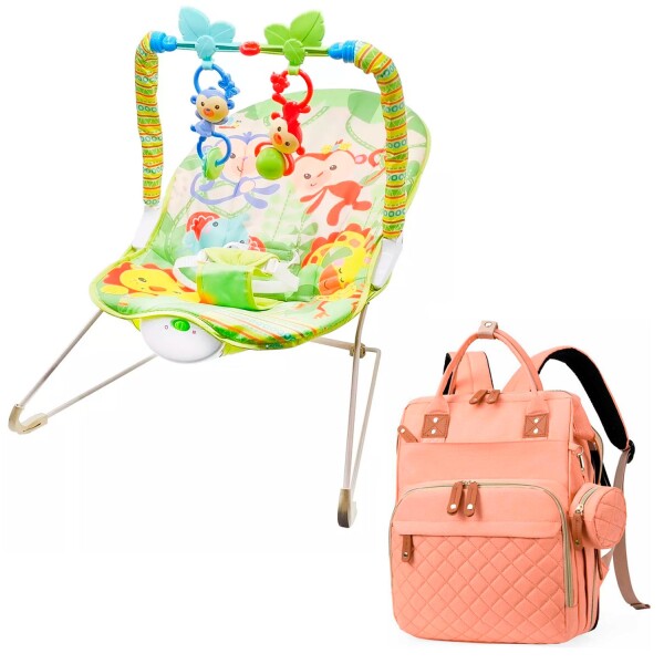 Silla Mecedora Bouncer Bebé + Mochila Maternal Impermeable Variante Color Verde Salmon