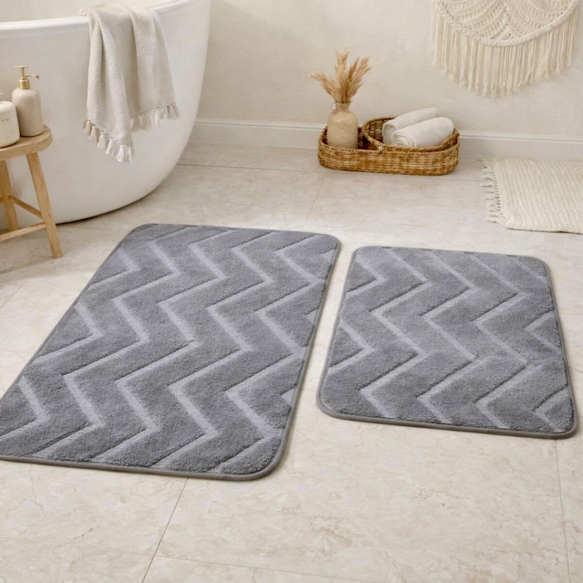 Juego de 2 Alfombras de Baño Zigzag Gris 50×80 y 40×60 cm 
