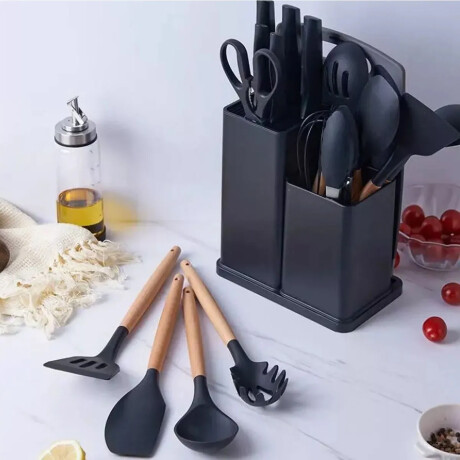 Set Cocina Utensilios Practico 19Pzs + Olla Acero Inoxi 22cm Negro