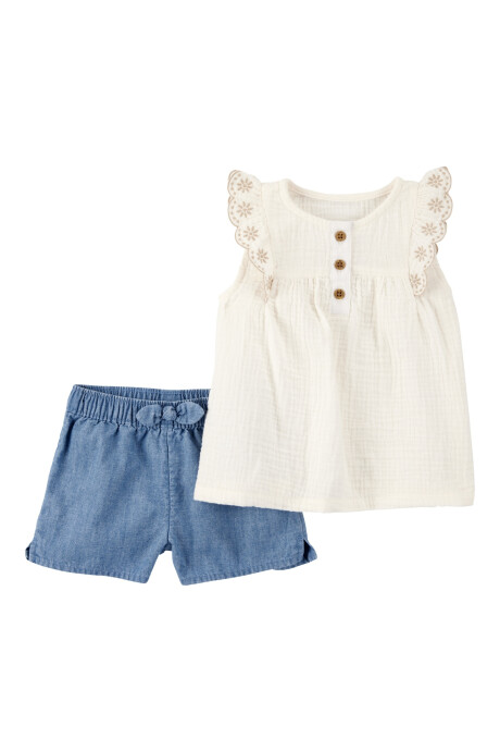 Set dos piezas, short de chambray y blusa de algodón con bordado floral Sin color