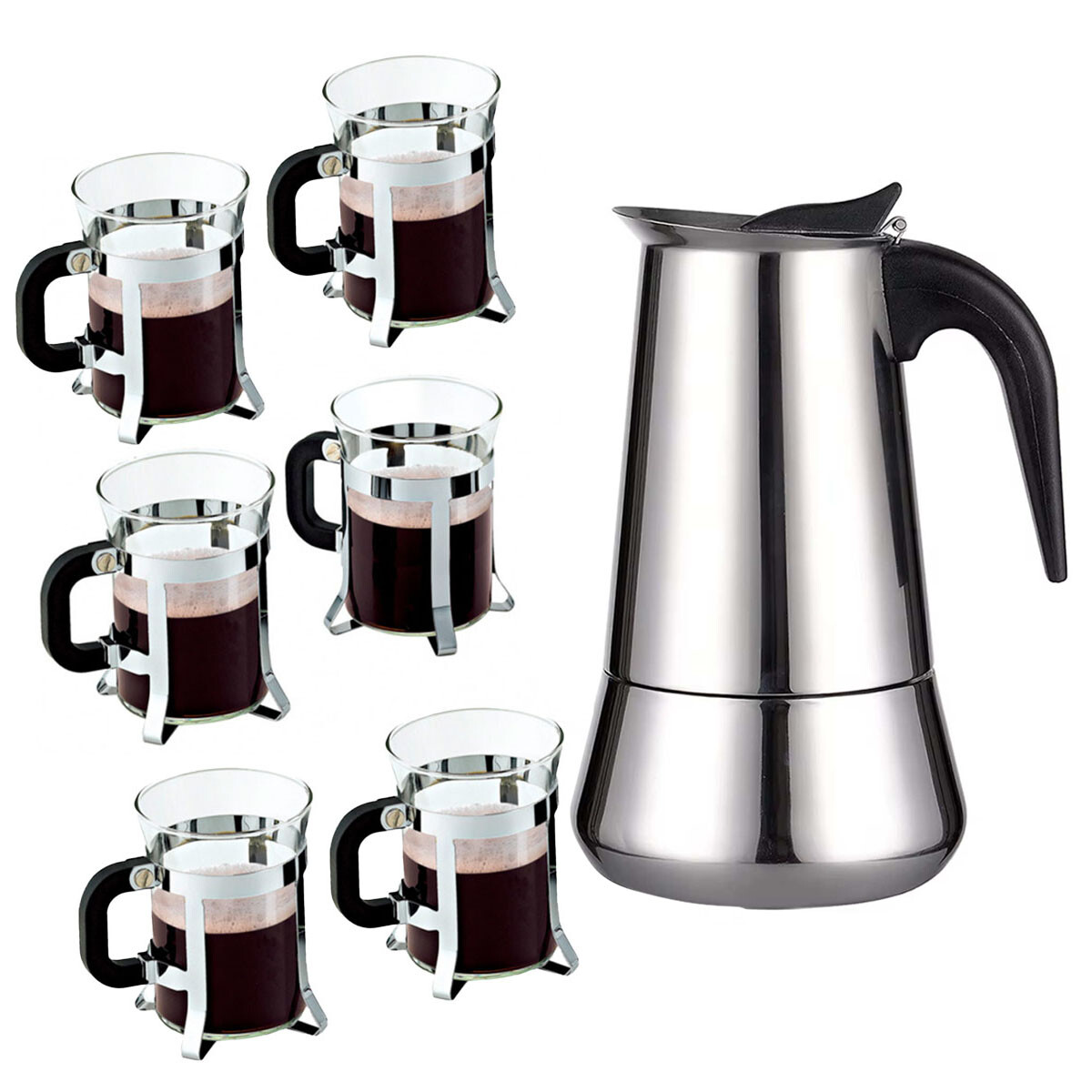 Set Cafetera Italiana + 6 Tazas 200Ml Vidrio y Acero Inox - Plateado 
