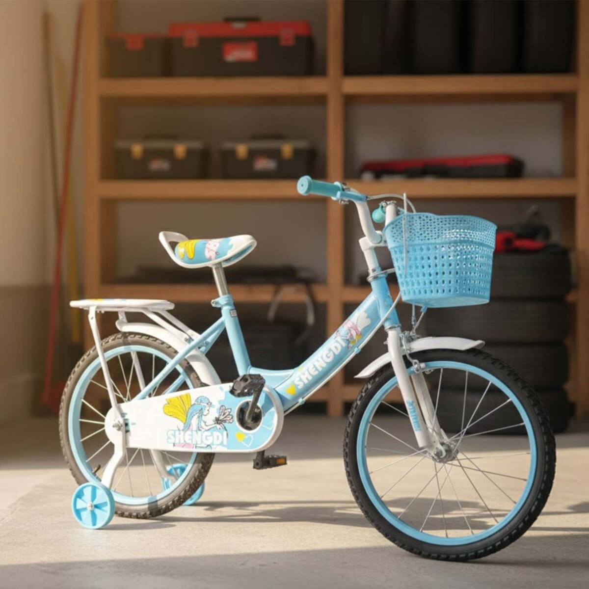 Bicicleta infantil Shengdi Rodado 18 Canasto Parrilla Hadas - Color Celeste 