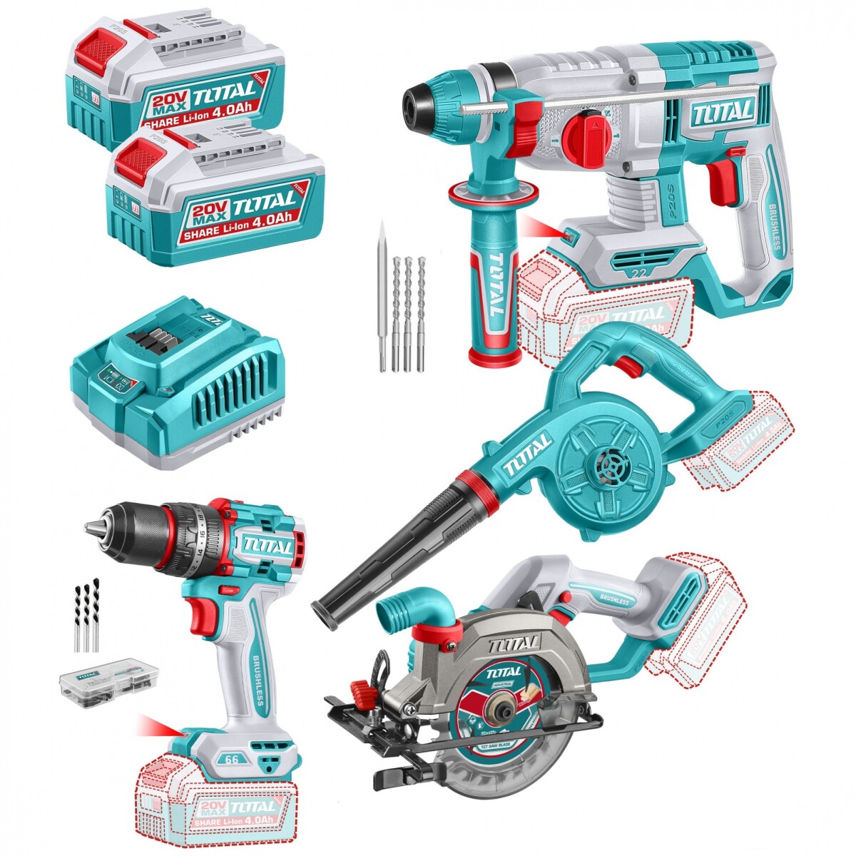 Kit Línea 20v: Percutor 66Nm + Rotomartillo SDS Plus + Circular 5.1/2" + Soplador, 2 Baterías 4.0Ah 