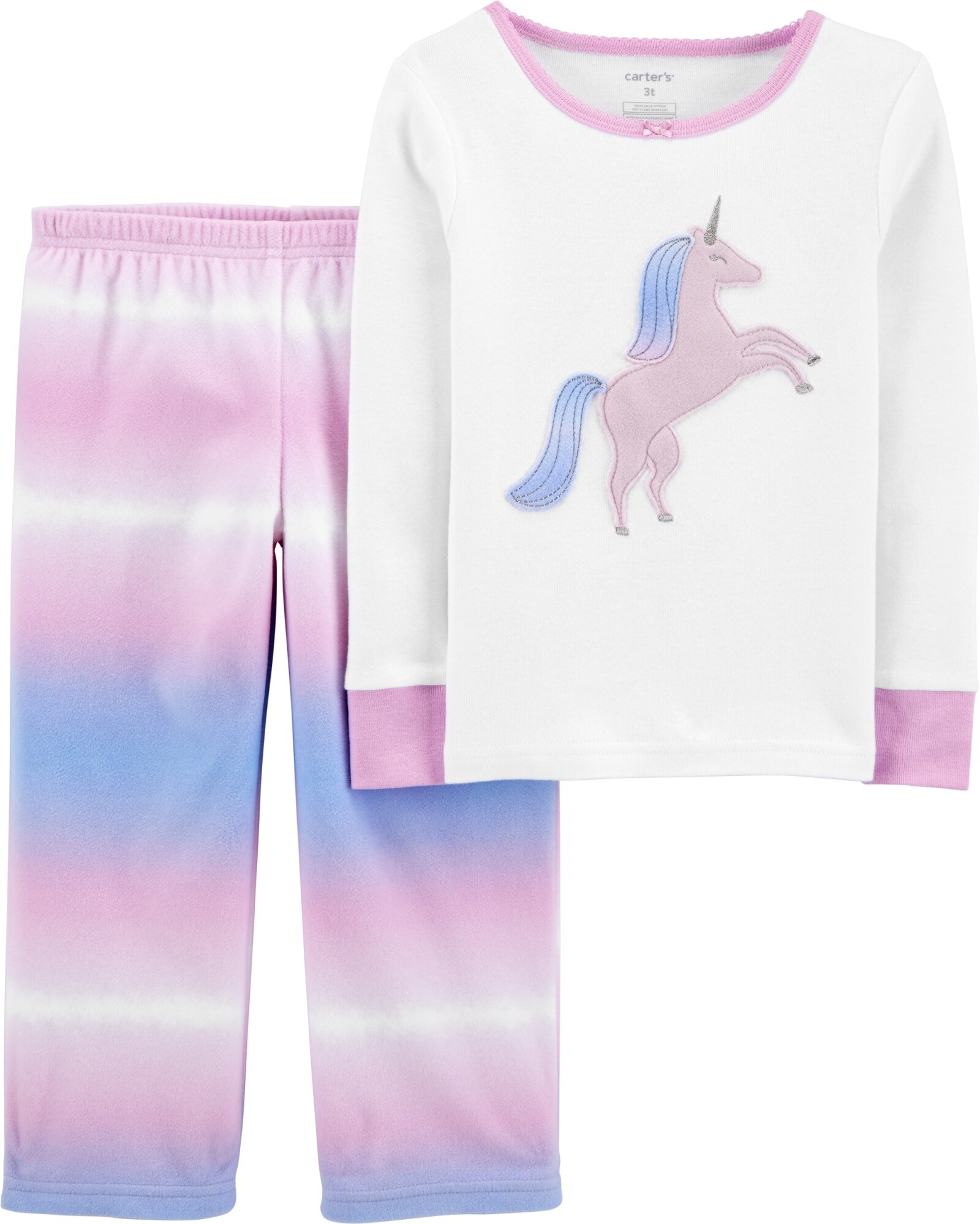 Pijama dos piezas remera de algodón y pantalón micropolar diseño unicornio. Talles 12-24M Sin color