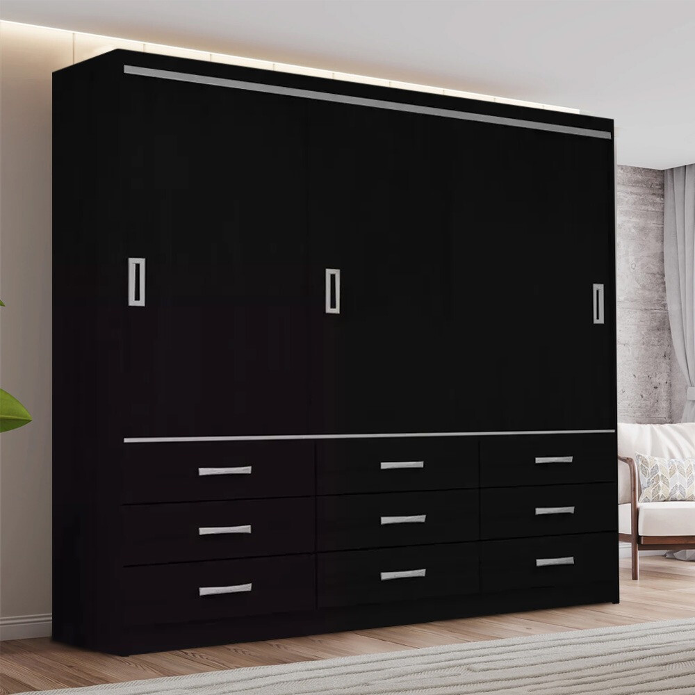 Ropero Armario Puertas Corredizas Cajones Estantes Percheros NEGRO