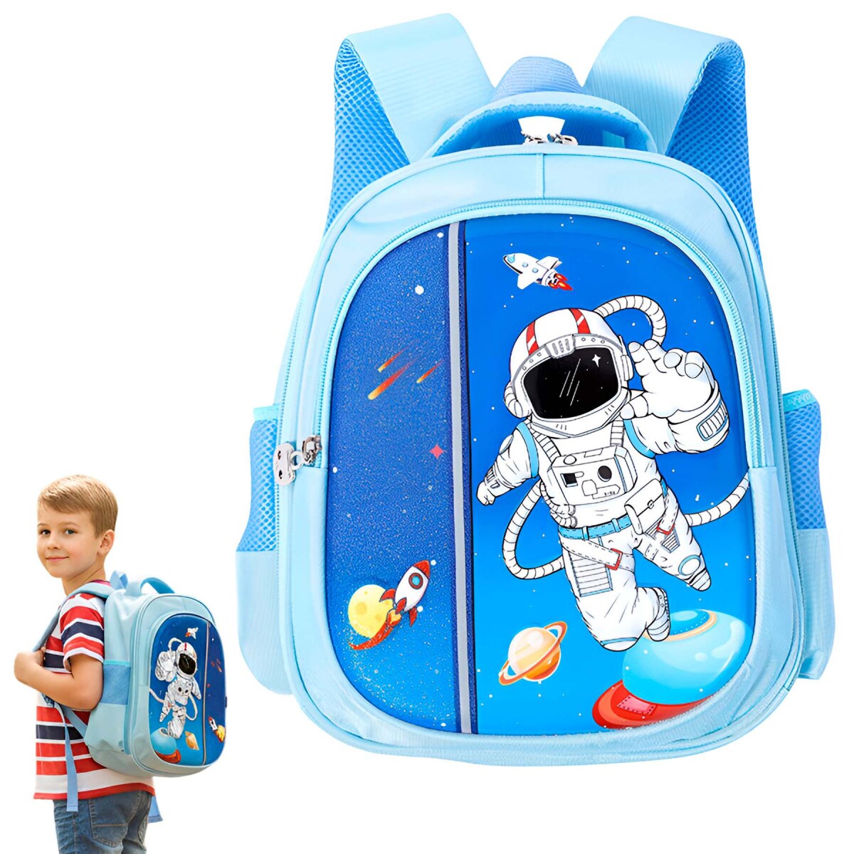 Mochila Escolar Infantil Reforzada Niños 33x24Cm Astronauta - Color Azul 