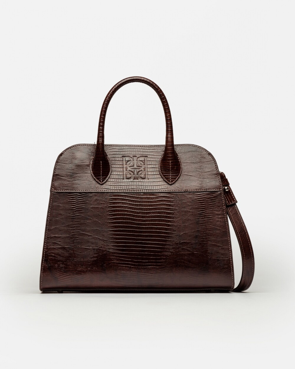 Cartera de Mano The Roots En Cuero Grabado Lagarto Marron