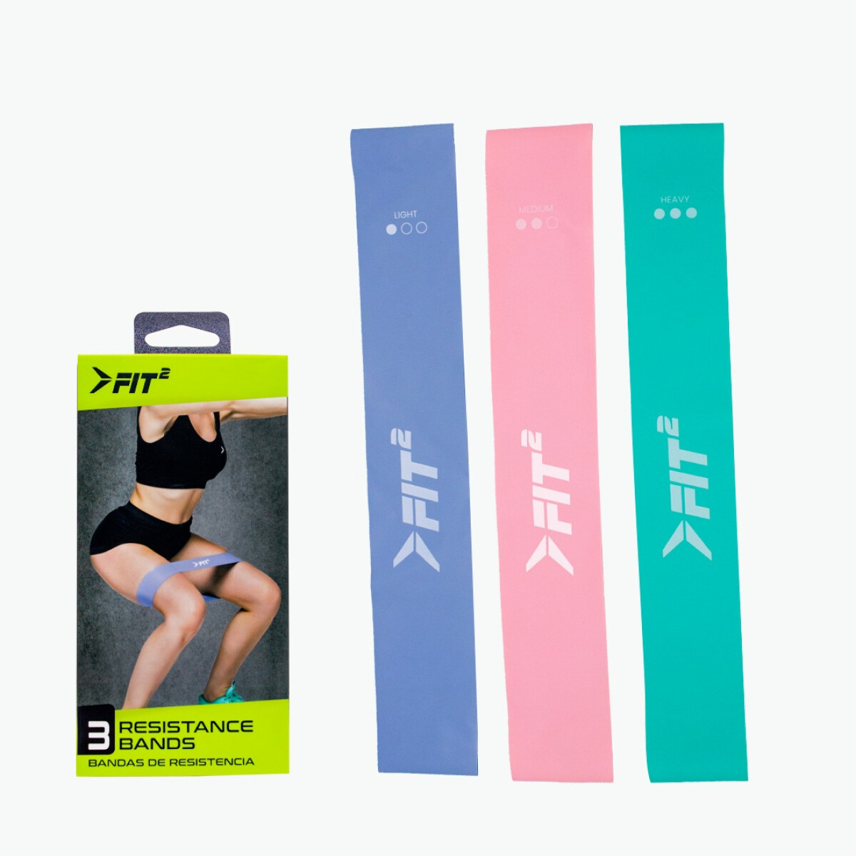 Set De 3 Bandas Elasticas Resistencia Baja/Media/Alta Fit2 Elastic Band Set 3 Light/Med/Heavy - Celeste, Rosa y Verde 