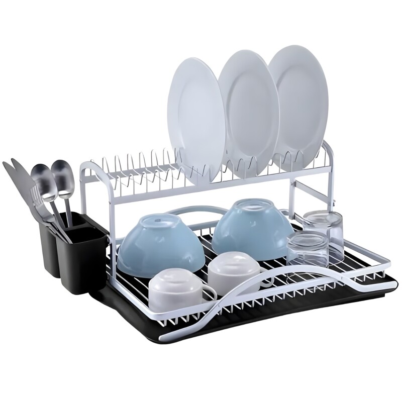 Escurridor de platos de 2 niveles en aluminio con bandeja Selecta Negro/Blanco