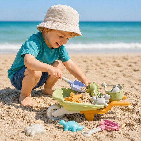 Set Juego De Playa Infantil 8 Piezas Con Carretilla y Moldes Verde