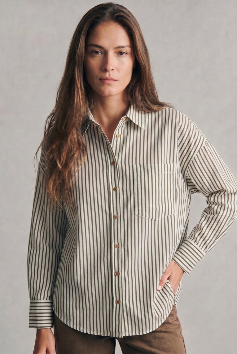 Camisa Rayada Con Lino - Oliva 