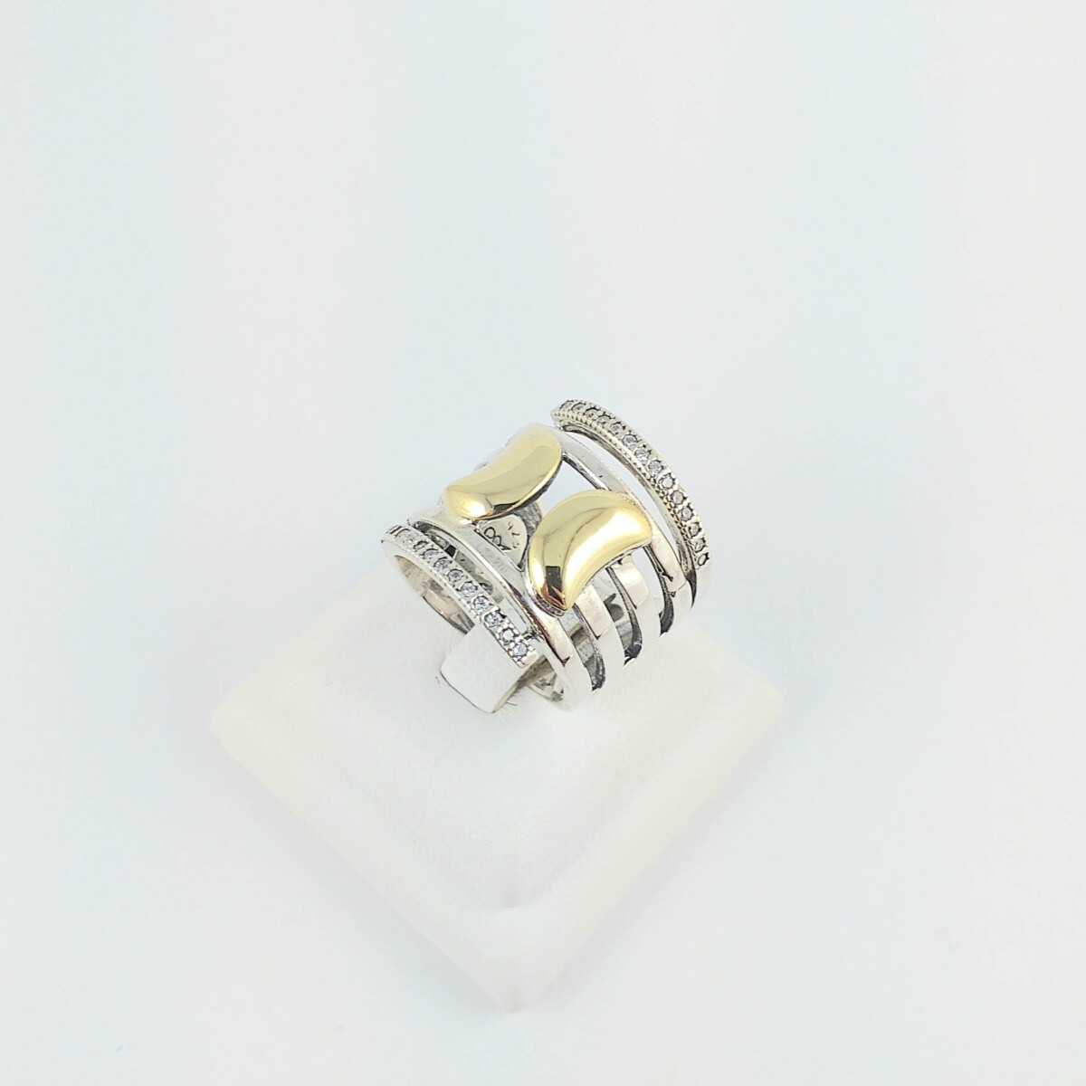 Anillo de plata 925 con detalles en double de oro 18Ktes, con circonias incrustadas blanca, ancho 20mm, diámetro interno 18mm#15 